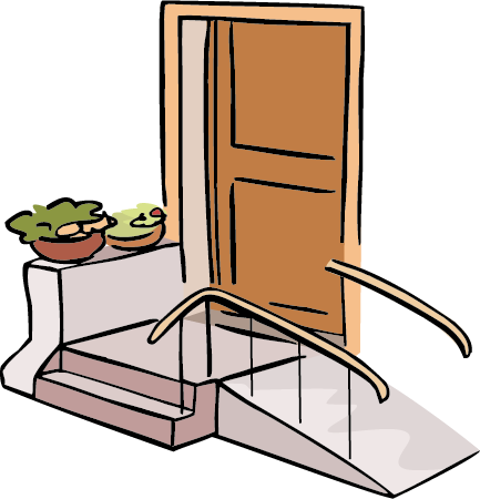 Tür die über Rampe und Treppen erreichbar ist.