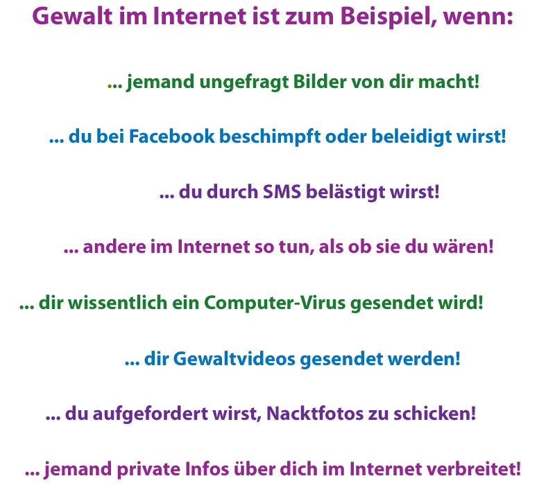 jemand ungefragt Bilder von dir macht, du bei Facebook beschimpft oder beleidigt wirst, du durch SMS belästigt wirst, andere im Internet so tun, als ob sie du wären, ein Computer wissentlich mit einem Virus infiziert wir, Gewaltvideos verschickt werden, du aufgefordert wirst, Nacktfotos zu schicken, private Infos über dich im Internet verbreitet werden