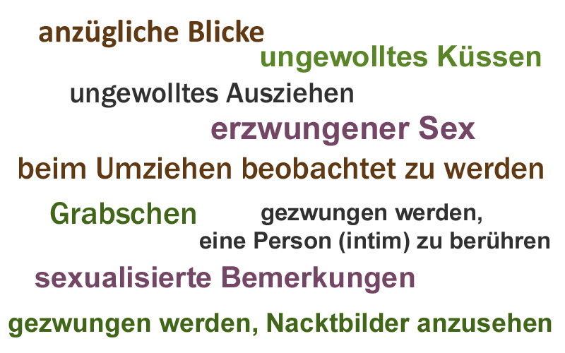 anzügliche Blicke, sexualisierte Bemerkungen, ungewolltes Ausziehen, gezwungen werden, eine Person (intim) zu berühren, ungewolltes Küssen, Grabschen,  erzwungener Sex, beim Umziehen beobachtet zu werden, gezwungen werden, Nacktbilder anzusehen