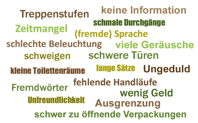 Treppenstufen, keine Informationen, Zeitmangel, wenig Geld, (fremde) Sprache, schmale Durchgänge, Schweigen, schlechte Beleuchtung, Ungeduld, schwere Türen, kleine Toilettenräume, viele Geräusche, lange Sätze, Fremdwörter, fehlende Handläufe, Dokumente, Unfreundlichkeit, Ausgrenzung, überholte Denkweisen, schwer zu öffnende Verpackungen