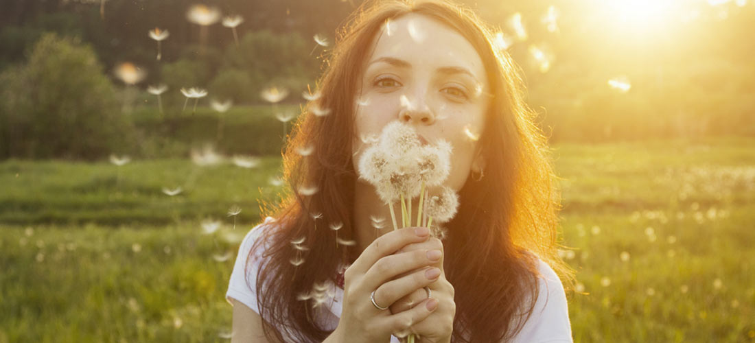 Mädchen hat einen Strauß mit Puste-Blumen in der Hand. Sie pustet in den Strauß mit Puste-Blumen.