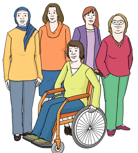 Gruppe von Frauen, eine im Rollstuhl