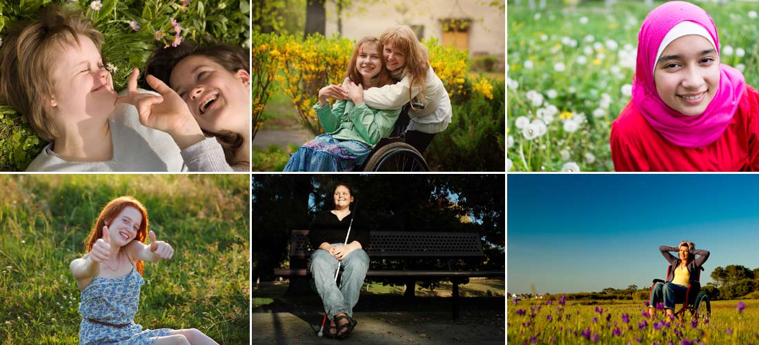 Sechs kleine Fotos. Auf den Fotos sind Mädchen und Wiesen. Die Mädchen lachen. Zwei Mädchen liegen. Ein Mädchen umarmt ein Mädchen im Rolli. Mädchen mit Kopftuch. Mädchen hält Daumen hoch. Mädchen sitzt auf Bank mit Blinden-Stock. Mädchen im Rolli.